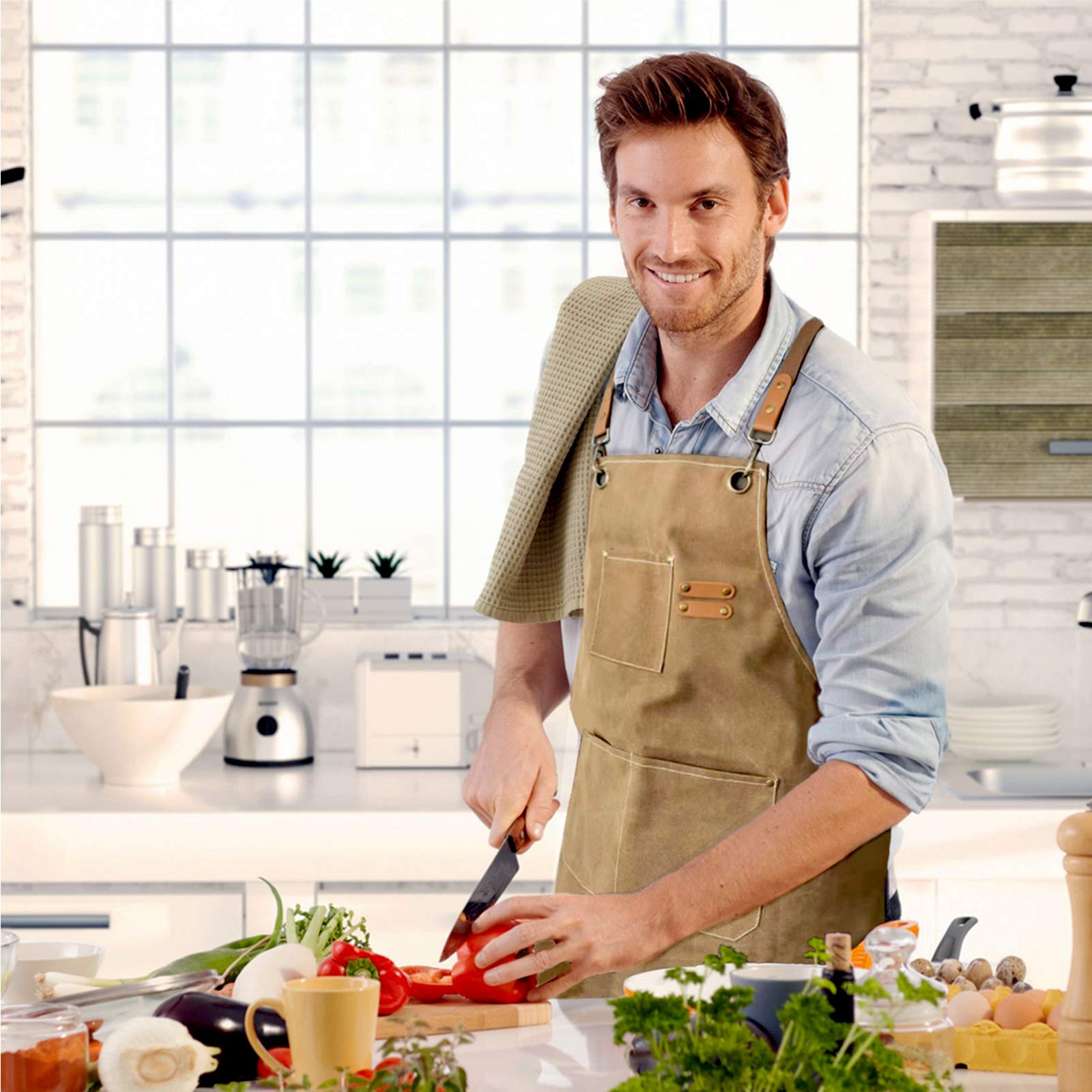 Zomao Chef Apron, Cotton Canvas Cross Back Apron With Pockets For Women And Men,Adjustable Strap And Large Pockets Apron,Kitchen